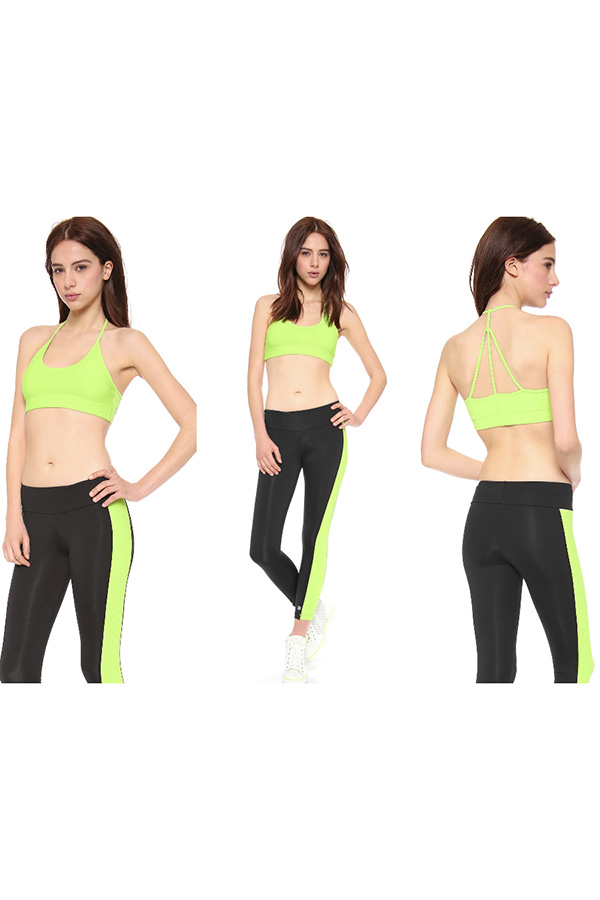 3 images of a woman in black leggings and light green top