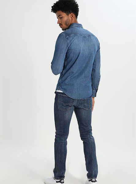 man in denim shirt - rear view