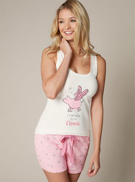 woman in pink sleep shorts and t-shirt